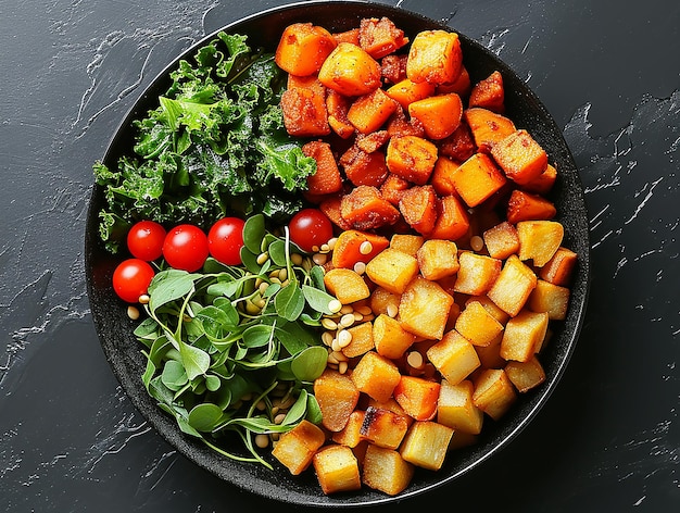 Фото Веганский овощный салат, аккуратно расположенный по ингредиентам в миске. авокадо, салат из тыквы, капуста, тома.