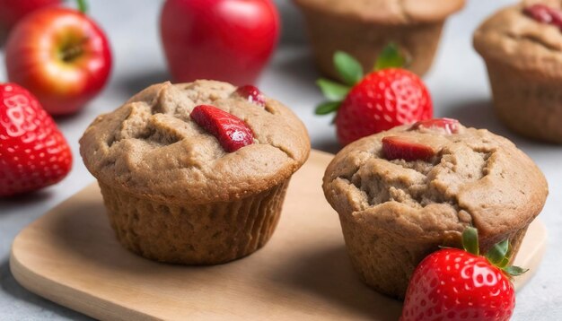 Photo vegan whole wheat apple muffins with strawberries