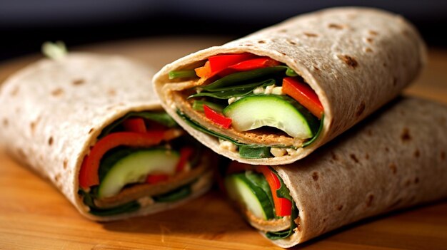 Vegan wrap with hummus cucumber and red pepper