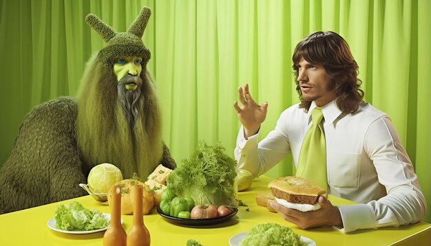 Foto veganisten echte christenen concept jaren 80-stijl zuurgroen creatief fantasierijk tot nadenken stemmend a