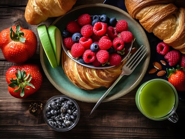 Veganistisch ontbijt op houten keukentafel