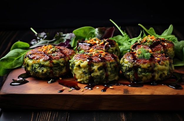 veganistisch voedsel soja-gebaseerde burgers met spinazie op een houten plank
