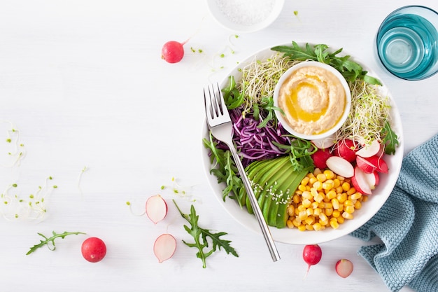 Veganistische avocado suikermaïs lunchkom met hummus, rode kool, radijs en spruitjes