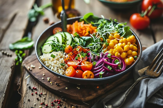 Veganistische boeddha schaal met verse rauwe groenten en quinoa op een houten tafel