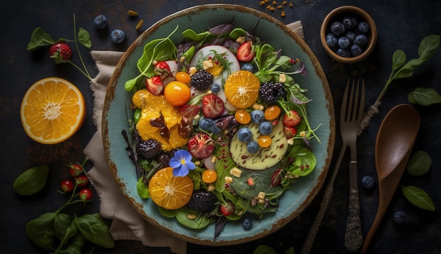 Veganistische buddha bowl zoete aardappelen bosbessen avocado's kool en sinaasappel dieetvoeding bovenaanzicht gratis