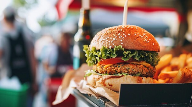 Foto veganistische burger op de straatmarkt generative ai