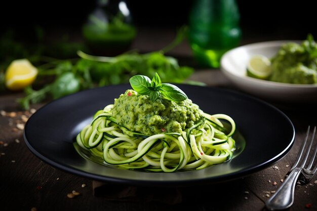 Veganistische courgette noedels Pesto