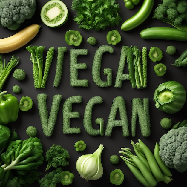 veganistische dag letters gemaakt van groenten op de achtergrond
