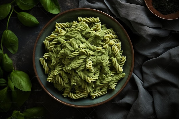 Veganistische glutenvrije romige spinaziepasta en veganistische kaas op donkergroene achtergrond