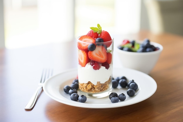 Veganistische Griekse yoghurtparfait met amandelmelkyoghurt en verse bessencompote