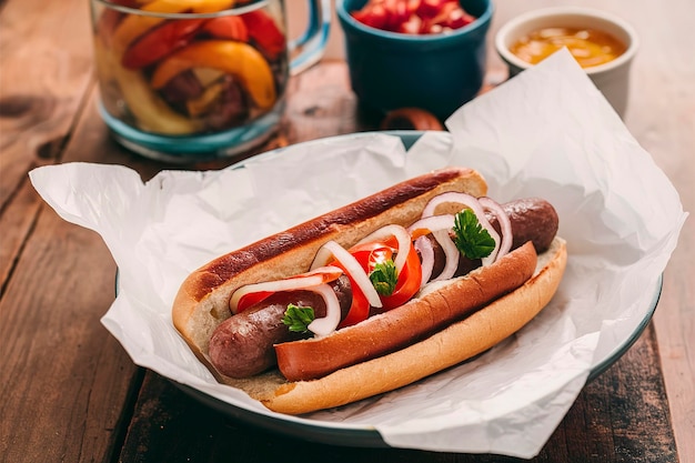 Foto veganistische hotdog met vleesloze worst, ui en tomaten.