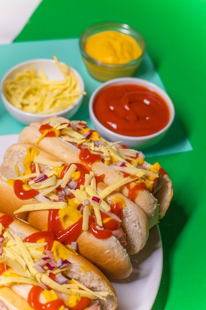 veganistische hotdogs op een bord op een groene achtergrond