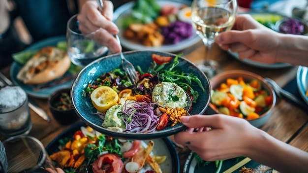 Foto veganistische keuken verheugt kleurrijke plantaardige gerechten in een trendy restaurant.