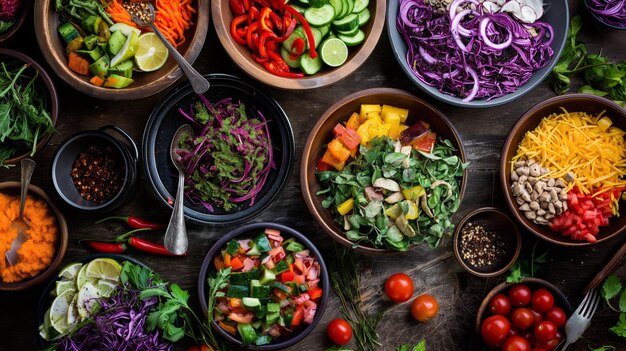 Veganistische keuken verheugt kleurrijke plantaardige gerechten in een trendy restaurant.