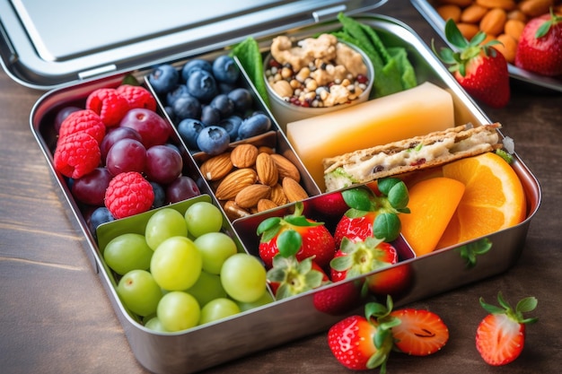 Veganistische lunchbox gevuld met vers fruit, groenten en plantaardige lekkernijen gemaakt met generatieve AI