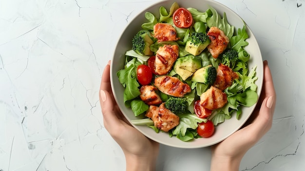 Veganistische maaltijd met gezonde groene salade, avocado en tomaten in een kom.