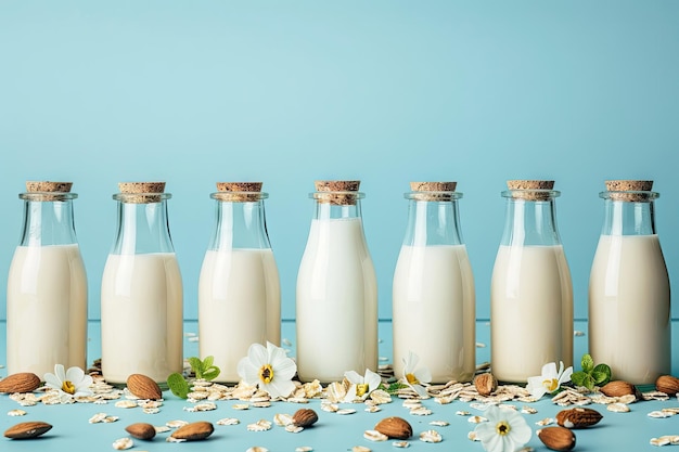 Foto veganistische melk op basis van niet-melkveeplanten in flessen op blauwe achtergrond