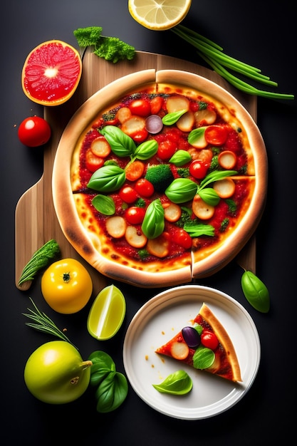 Veganistische pizza op tafel met groenten en fruit