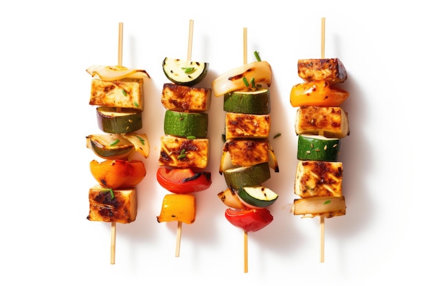 Foto veganistische tofu en plantaardige kebabs op een witte achtergrond