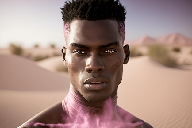 Vegas redactionele shoot jonge Afrikaanse man pastelroze zandduin Generatieve AI AIG15