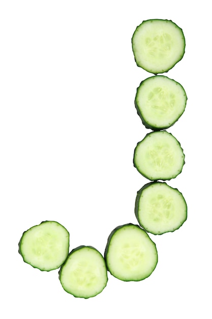 Photo vegetable alphabet of chopped cucumber letter j