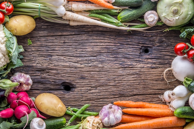 Vegetable. Assortment of fresh vegetable on rustic old oak table. Vegetable from market place.