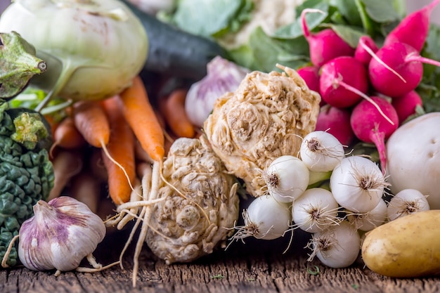 Vegetable. Assortment of fresh vegetable on rustic old oak table. Vegetable from market place.