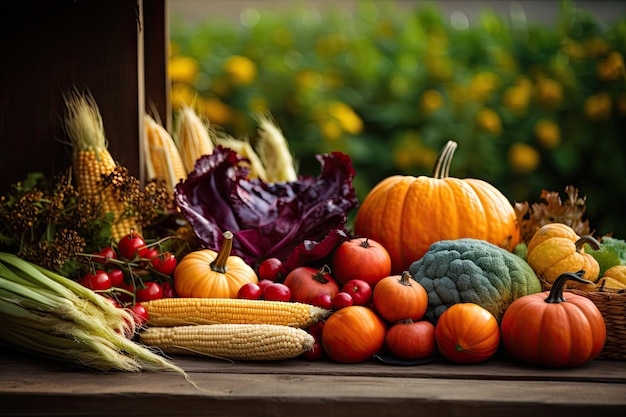 Photo vegetable autumn fruits apples on a wooden table autumn halloween decoration design thanksgiving background