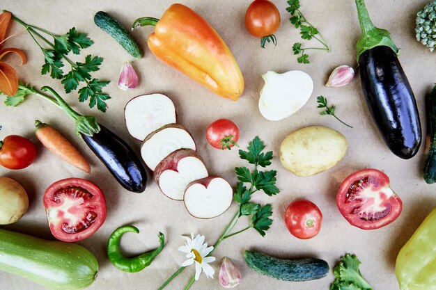 Vegetable backround beet basil eggplant parsley bell pepper hot pepper potatoes cucumber carrots and flowers Italian vegetable recipe Veganism concept foodTop view copy space High quality photo