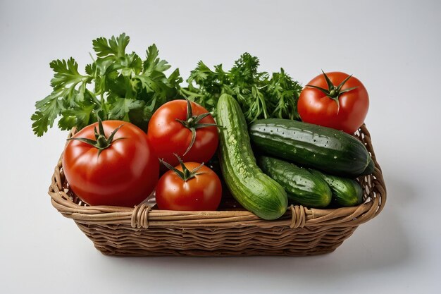 Vegetable basket tomatoes cucumbers parsley isolated on white