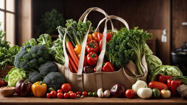 写真 野菜の恵み超現実的な買い物袋の静物画