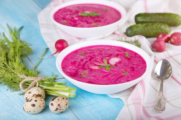 Vegetable cold soup with beetroots and natural yoghurt