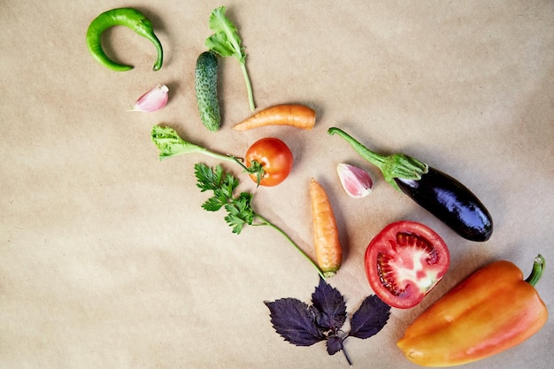 Photo vegetable composition beet basil eggplant parsley bell pepper hot pepper potatoes cucumber carrots italian vegetable recipe veganism concept foodtop view copy space high quality photo