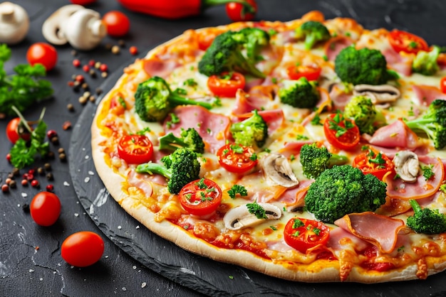 Photo vegetable delight pizza with broccoli tomatoes and cheese