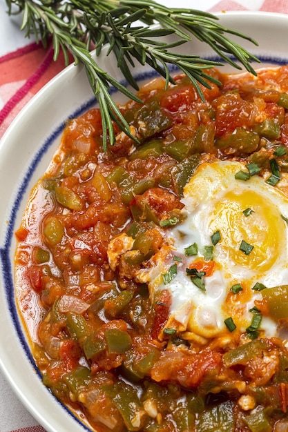 Vegetable dish pisto manchego made of tomatoes, zucchini, peppers, onions with fried egg. Typical Spanish food