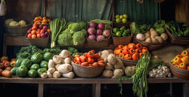 Photo vegetable farmers market stall colorful various fresh organic healthy vegetables ai generated image