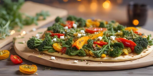 Foto vegetable flatbread geroosterde squash pepers broccolini pesto feta arugula op een bord