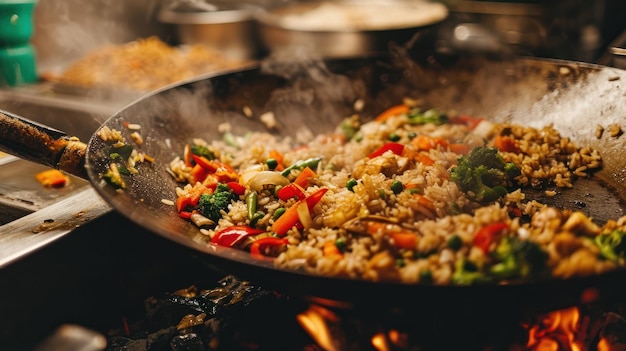 Vegetable Fried Rice against a traditional wok station