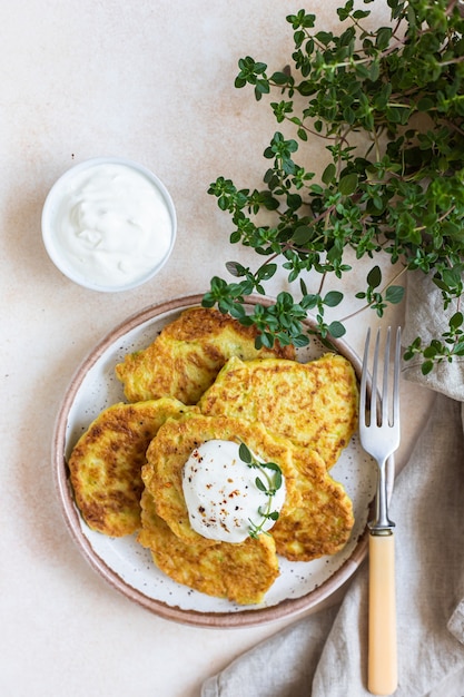 Vegetable fritters or pancakes with yoghurt or cream sour dressing and herbs. Cabbage or zucchini fritters on ceramic plate. Healthy vegetarian food. Selective focus. Top view.