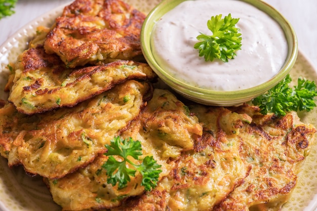 Vegetable fritters with potato, zucchini served with Ranch sauce.