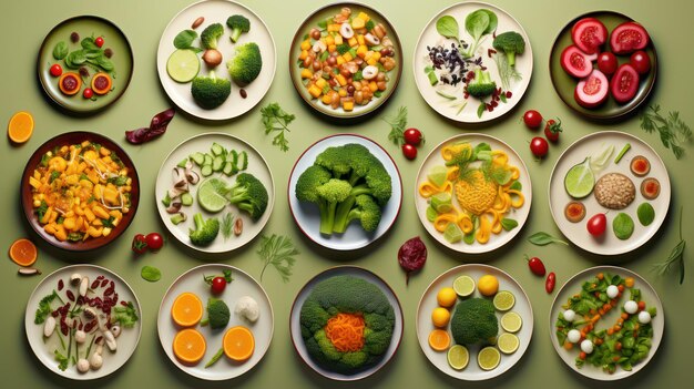 Foto piatti di menu vegetali e frutta e verdura dieta vegetariana disintossicante sana