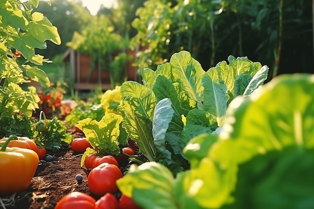 A vegetable garden with ripe vegetables and herbs on the beds Generate Ai