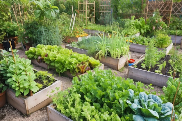 ハーブを含むさまざまな植物や野菜が植えられた菜園