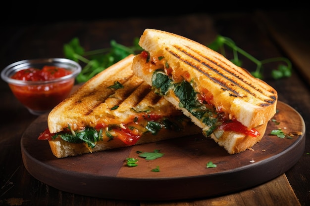 Vegetable grilled sandwich with ketchup on wooden background focused