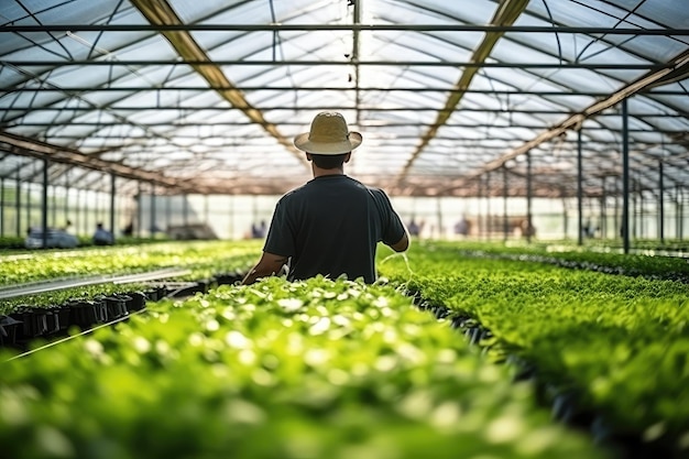 A vegetable grower works in a large industrial greenhouse growing vegetables and herbs