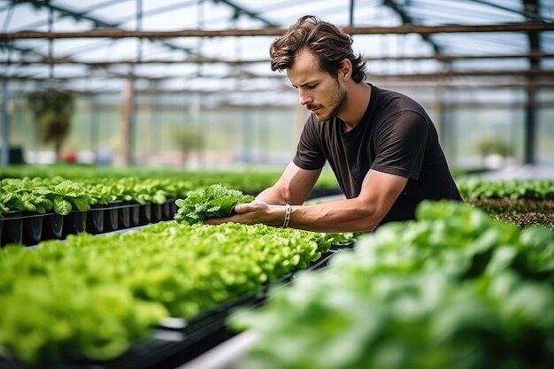 A vegetable grower works in a large industrial greenhouse growing vegetables and herbs