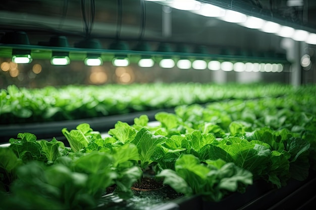 野菜の水耕栽培システム 水耕栽培システムで育つグリーンレタス菜園 健康食品用温室の水農業上の植物 Leonardo AI を使用して生成された写真