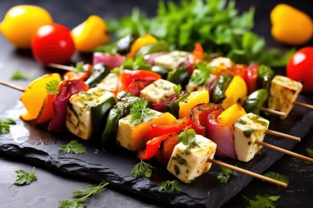 Vegetable kebabs on skewers served on a stone slab