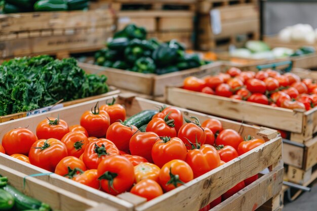 Vegetable market closeup of wooden trays with fresh vegetables Wallpaper of healthy food