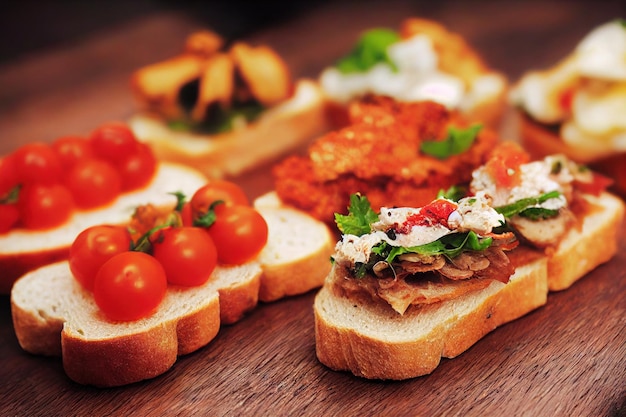 Vegetable and meat bruschetta on wooden table Italian kitchen